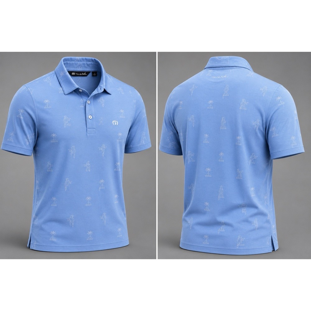 Travis Mathew Golf Polo Shirt Mens LRG BLUE Performance HAWAIIAN AOP PALM TREES